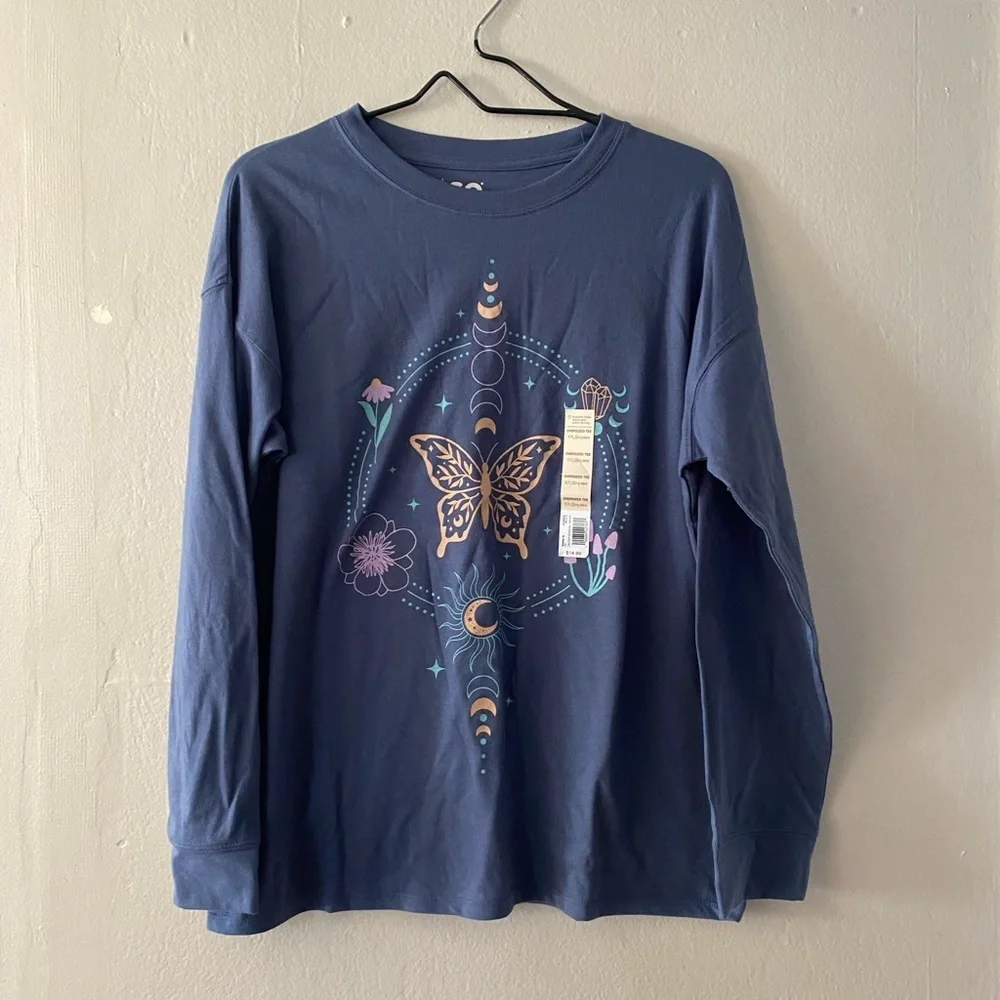 SO Blue Butterfly Graphic Long Sleeve T Shirt Girl’s Size 16 Plus NEW